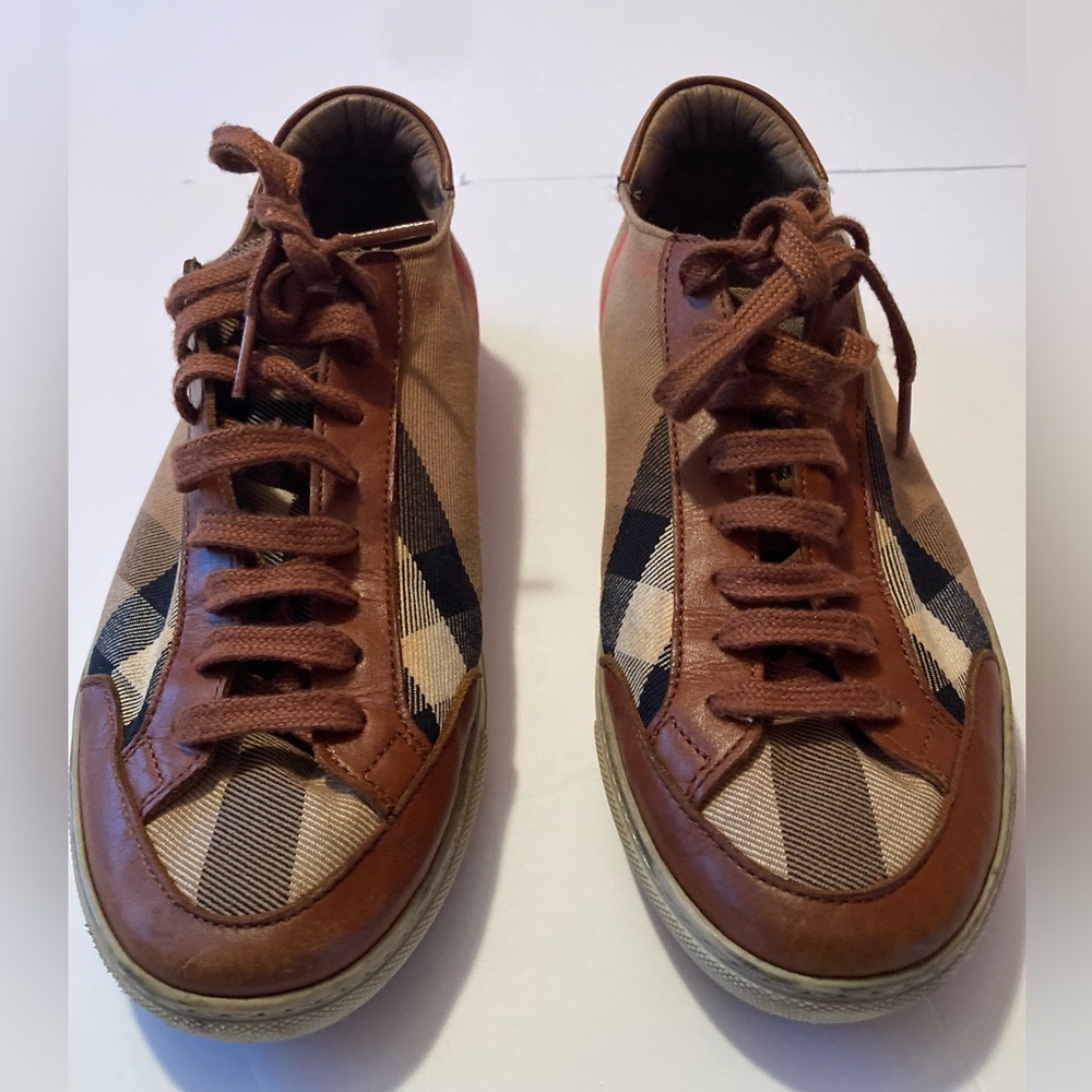 Burberry Brown Tan Check Canvas & Leather Sneakers - Picture 3 of 9